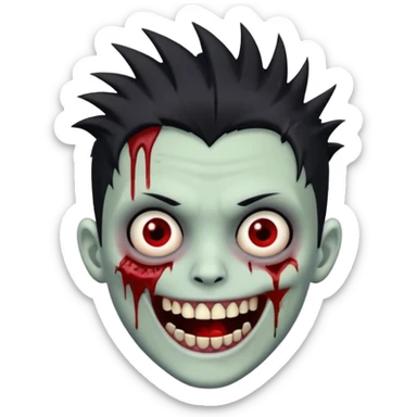 zombie boy with emo spiky hair, white skin, and white eyes; an open smile, and bloodied teeth; sticker