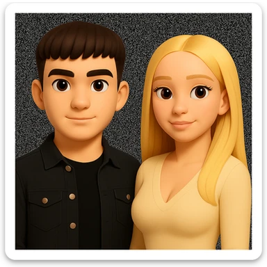 Slightly increase the volume of the upper body of the girl, spread them far apart from each other, make the skin color the same for both characters, while preserving the cartoonish 3D style as in the reference image. sticker