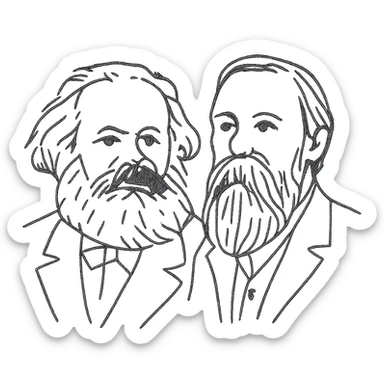 a black outline portrait of Karl Marx and Engels together based on a famous portrait of them, with eyes the same size sticker