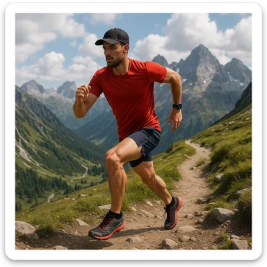 a mountain trail runner in a dynamic pose, outdoors, athletic, scenic background sticker