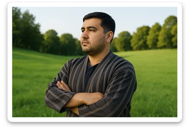 uzbek sartaroshi qo'lini qovushtirib turibdi yon taraf sal pastroq rakusdan sticker