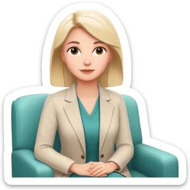 A professional female psychologist, friendly expression, sitting in a therapy office, modern and warm environment, neutral colors, realistic style, white background sticker
