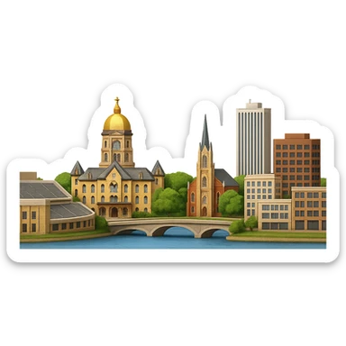 Make the buildings in the South Bend, Indiana emoji more realistic with lifelike architectural detail and accurate proportions. Keep the straight-on angle and wide city view including the University of Notre Dame campus with the Golden Dome and Notre Dame Stadium, St. Joseph River, and downtown South Bend. Use accurate colors and bright daytime lighting. The background should be fully transparent with no sky, no clouds, and no city name label. Maintain the style consistent with previous realistic city emojis. sticker