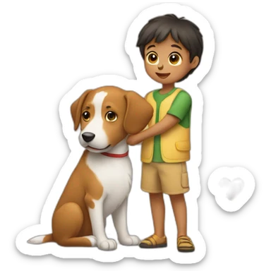 a young child with both arms next to a dog and heart  sticker