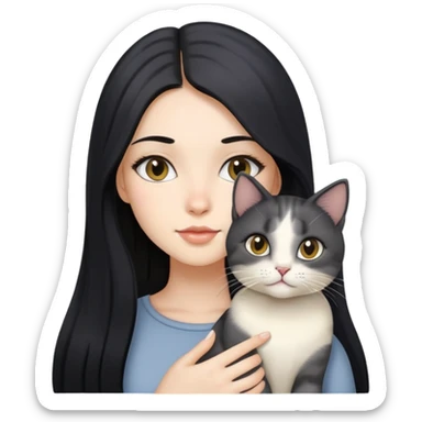 Beautiful girl with long black hair holding a gray and blonde mixed cat sticker