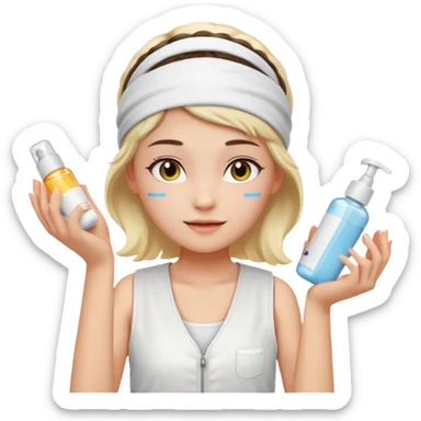 Clean girl aesthetic emoticons, apply skincare products, headband, glowing skin, white vest, soft lighting sticker