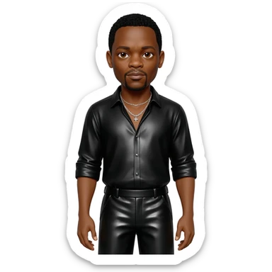 Samuel L Jackson with brown eyes, black hair, black metallic shirt, black metallic baggy pants, silver necklace sticker