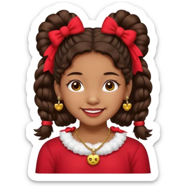 Brownskin girl dark brown hair fluffy. pigtails with red bows brown eyes smiling closed mouth red shirt gold esrrings gold necklace sticker