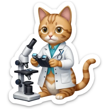 cat full body sitting with a microscope and scientist outfit sticker