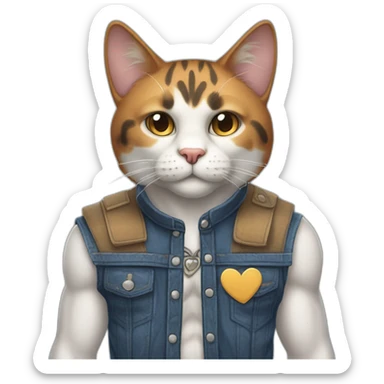 Meowscles is a muscular and humanoid calico cat without in blue jeans. He has a heart with "Lynx" written inside of it tattooed on his right bicep. sticker