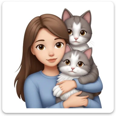 Pretty girl with light skin,straight and brown hair hugging a gray and white fluffy cat emoji  sticker