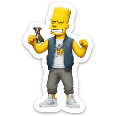 Bart Simpson wearing a gray Nike set with Jordan 4 and a pit bull sitting on the left of him sticker