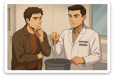fai un webtoon manga a colori con questo stile, in cui un uomo ascolto il kinesiologo con il camice bianco (fagli anche la scritta "ANTONIO ANANIA" SUL CAMICE, il kinesiologo con il camice lascia cadere un verme lungo e beige chiaro nella spazzatura, IL KINESIOLOGO SPIEGA ALL'UOMO UNA cosa. L'UOMO ha un ESPRESSIONE pensierosa IN VOLTO mentre si tocca il mento con l'indice. non fare i fumetti però, fai solo in modo che sembri stiano parlando sticker