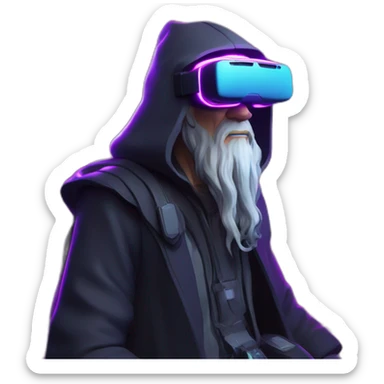 Gandalf wearing a black hoodie with "OMG" letters on it and VR headset in a cyberpunk VR environment with violet neon lighting. sticker