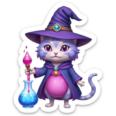 Purple witch cat full body with pink potion and blue potion bubbling  sticker