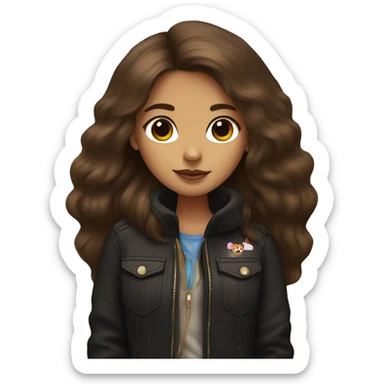 girl with long brown hair holding, in rad jacket and black Pomeranian spitz sticker