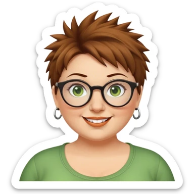  plus size white women round nose with short  brown shaggy spiked hair wearing glasses green eyes happy sticker