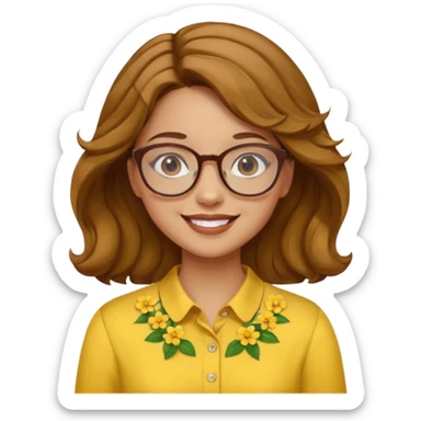 girl with a yellow blouse with flowers, with hair in waves with glasses smiling sticker