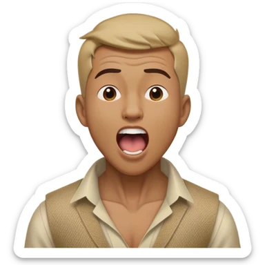 Cinematic Realistic Aladdin Portrait, head tilted slightly with a dramatic, wide-open yawn, revealing a relaxed, yet still vigilant expression. The lifelike textures of his skin and carefully rendered fabric of his attire combine with warm, ambient lighting to capture a moment of endearing, laid-back heroism. sticker