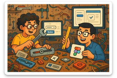 In a clever, chaotic repair lab, two designers (curly hair and short dark hair) are fixing old, messy UI components using a wrench, ruler, and Figma interface elements. The atmosphere is playful and inventive as they transform legacy UI into something modern and beautiful. sticker