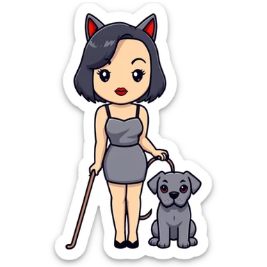 Fashionable woman in sling dress with long black hair, big red lips, and Cane Corso dog ears and short tail sticker