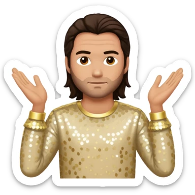 Chris Pontius from Jackass with long dark brown hair, cream sequin outfit sticker