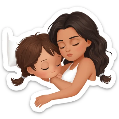 Black hair girl latina with long wavy brown hair with brown eyes and sleeping on a withe bed with cute Child with long hair brown sticker