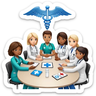 Group of medical professionals sitting around a table in a meeting, with emergency medical symbols sticker
