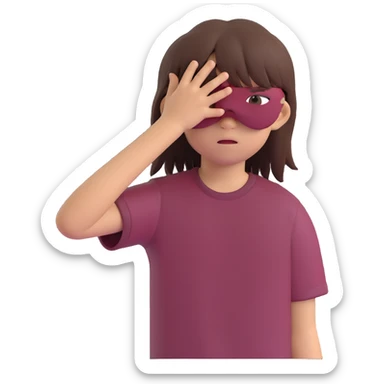 A boy with bangs covering his eyes, long hair sticking out at the back, and long side locks. He has brown eyes and dark brown hair, and is wearing a maroon t-shirt. sticker