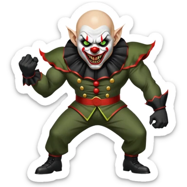 evil clown, bald, short black devil horns on forehead, fangs, pointed ears, black and military green leisure suit, realistically proportioned, bulky and muscular, full body, battle-ready, fighting posture sticker