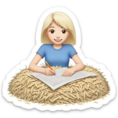 emoji where some is writing story and sitting near pile of shredded paper sticker
