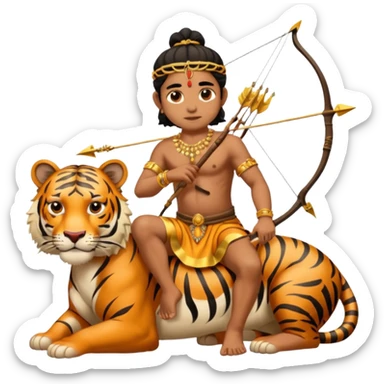 Ayyappa sitting on tiger with bow and arrow and wearing a gold and king dress sticker