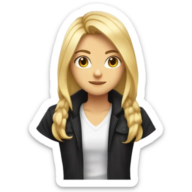 Create an anime-style emoji of a character with shoulder-length blonde hair, a confident expression, and a black jacket over a white t-shirt. Simplify the background and focus on the face and upper body, capturing an intense yet cool look. sticker