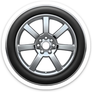A chrome car wheel emoji, polished silver metal rim, smooth circular shape, minimal futuristic design, soft reflections, iOS emoji style, centered on white background, ultra clean look sticker