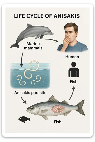 a diagram showing the life cycle of Anisakis, with arrows connecting stages from marine mammals to fish and then to humans. Each stage is illustrated with realistic images: the parasite in the ocean, inside a fish, and the risk to humans who eat contaminated seafood. The style is clear and informative, with labels and icons. sticker
