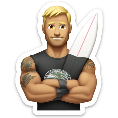 a muscular bicep with a tattoo of a surfboard sticker