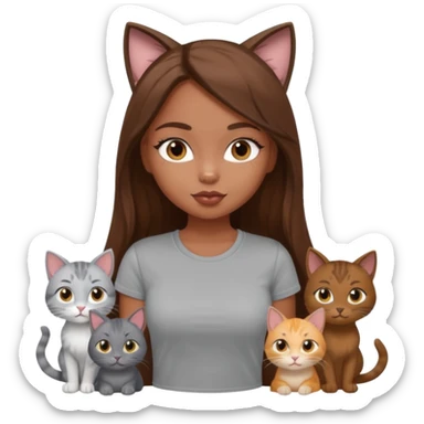 a pretty bratz dusky girl with long brown hair with six cats nd wearing a grey tshirt sticker