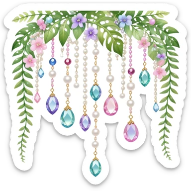 Exotic romantic pretty pastel Few cute tiny Iridescent glistening glossy sparkly shiny glittery hanging crystals pearls and beads and gemstones scenery scenic decorations with vines and ferns and flowers sticker