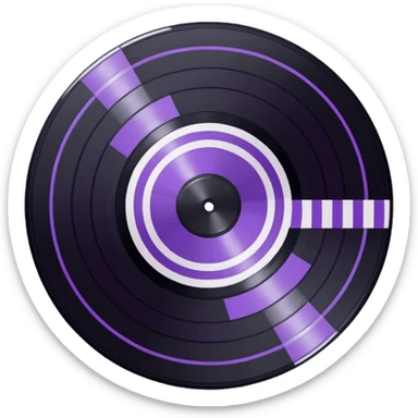 black pixel art vinyl record with a purple and white striped middle label, pixel art, as if you were looking at it from an angle sticker