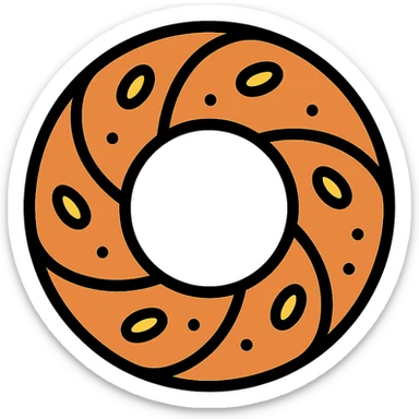 whole simit bread, crisp crust, stylized sesame seeds, color outline icon style sticker