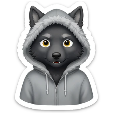 black wolf in a hoody that says “MAIR” sticker
