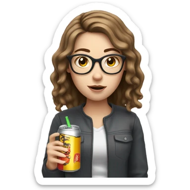 tired white girl with brown hair and glasses drinking energy drink sticker