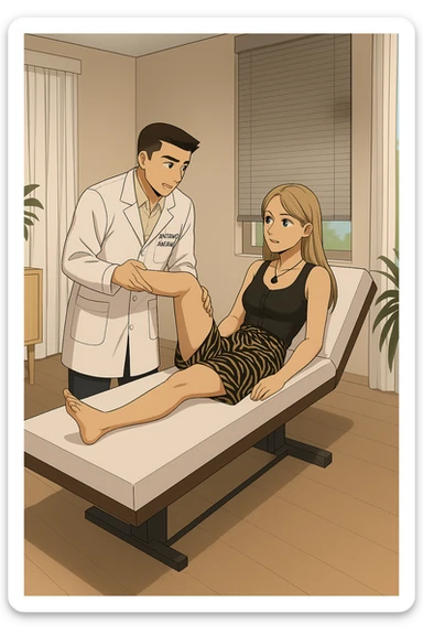 fai un webtoon/manga a colori con questo kinesiologo in camice bianco (fagli la scritta "ANTONIO ANANIA" SUL CAMICE) CHE SVOLGE UN TEST NEUROMUSCOLARE SOLLEVANDO UNA GAMBA ALLA RAGAZZA CHE è STESA SU UN LETTINO BIANCO. STANZA SEMPLICE E MODERNA, DURANTE IL TEST I DUE DIALOGANO TRA LORO. NON FARE I FUMETTI, FAI SOLO LORO COME SE DIALOGASSERO sticker