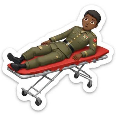 
a man of oriental appearance, dressed in torn clothes, full length, unconscious, in a prone position, with injuries on a black military stretcher, 1980 sticker