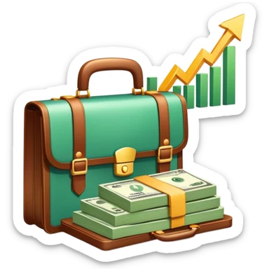 An icon showing a briefcase, a stack of money, and a graph with upward growth, representing business and entrepreneurship. The design highlights innovation, investment, and success in the world of startups and corporate ventures. Transparent background emphasizes the dynamic nature of business. sticker