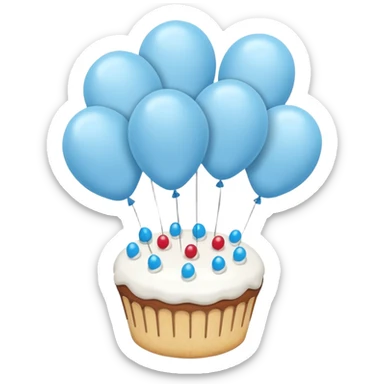 Please make some balloons that are light blue, and place a small cake underneath them. Make the balloons long and make more balloons. sticker