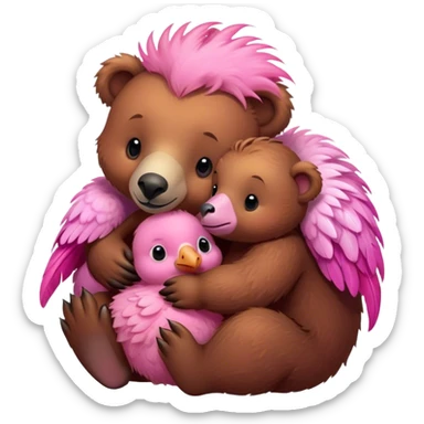 A cute brown bear and a real cute pink dodo closely snuggled together sticker