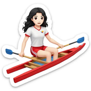 girl with long black wavy hair, white skin, wearing red shorts and white short-sleeve t-shirt, sitting in a professional Olympic rowing boat rowing, facing fully right sticker