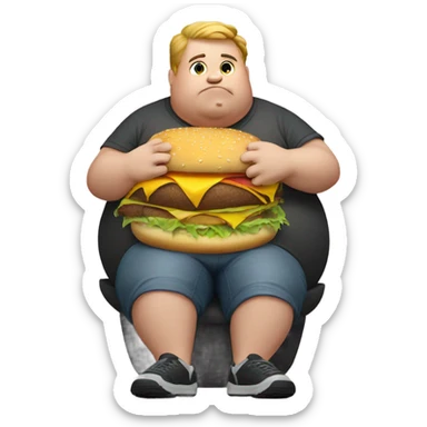 very obese round man eating burger sticker