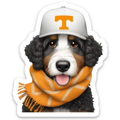 Bernedoodle with University of tennessee hat and scarf sticker